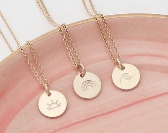 Dainty 3/8" Disc Necklace - Stamped with a Symbol or an Initial - Choose from Heart, Sunshine, Paw, Ocean Wave, Mountain, Pineapple