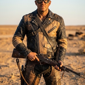Puede incluir: Una chaqueta de cuero bicolor en negro y beige con tachuelas de metal plateado en las solapas y hombros, usada con chaparreras de cuero marrón y una correa diagonal, mientras sostiene un arma de fuego de cañón largo en un desierto.