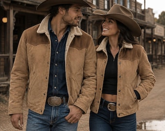 Handgefertigte braune Wildlederjacke | Western-Cowboy-Lederjacke mit Lammfell | Ranch Rider Mantel