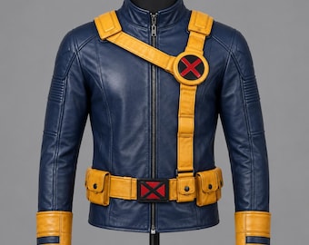 Blau-gelbe Bikerjacke aus Leder | Handgefertigtes Motorrad-Cosplay-Kostüm aus echtem Leder im Sci-Fi-Stil