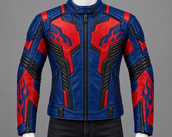 Hot Rod Flame Cyber ​​Mech Lederjacke | Blau-rote Motorradjacke mit mehreren Einsätzen, Retro-Sci-Fi-Cosplay-Outfit für Herren