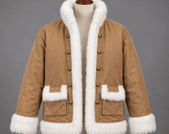Handmade Faux Fur Trim Cotton Jacket | Double Breasted Winter Cosplay Outerwear