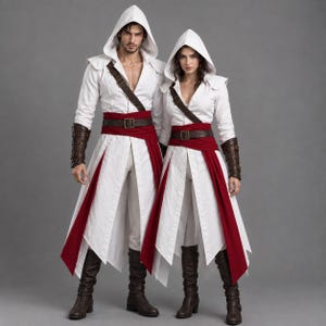 May include: Two matching white hooded long coats with deep red waist sashes and brown leather-look belts with buckles. Each coat features a diagonal brown strap across the chest, brown forearm gauntlets, and white trousers tucked into brown boots.