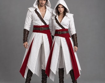 Weißes Mittelalterliches Schurkenkostüm mit Kapuze | Renaissance-Gewand mit Roter Schärpe | Halloween LARP Ranger Lange Tunika-Mantel