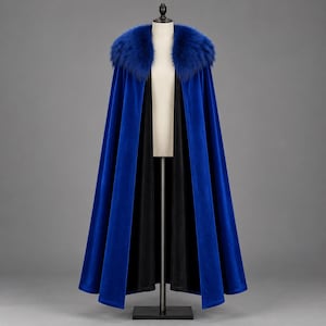 Royal Blue Medieval Cloak | Feather Collar Halloween Cosplay Cape | Gothic Fur Long Costume Overcoat