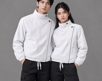 Handgefertigte Weiße Asymmetrische Jacke | Minimalistischer Utility-Schuluniform-Cosplay-Blazer