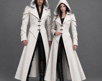 Handgefertigter Weißer Canvas Gothic Mantel mit Kapuze | Mittelalterlicher Duster | Langer Cosplay Kostümmantel