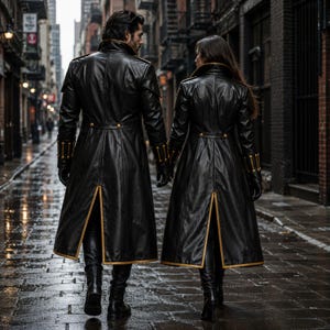 Black gold gothic leather coat sleeve and cuff close up with decorative buttons detailed stitching and smooth leather finish