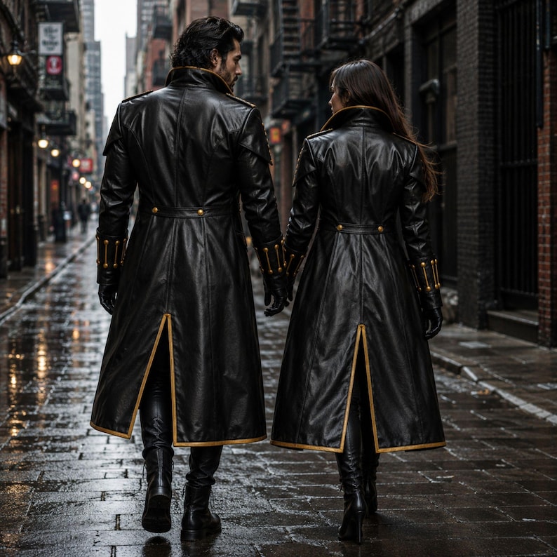 Black gold gothic leather coat sleeve and cuff close up with decorative buttons detailed stitching and smooth leather finish