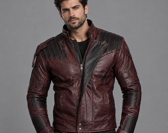 Handgefertigte Bordeauxrote Leder-Bikerjacke Herren | Gewachste Rote Distressed Motorradjacke, Asymmetrischer Gesteppter Kostümblazer,