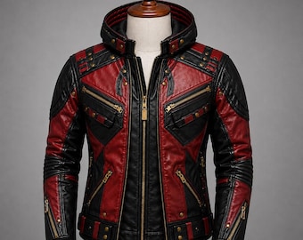 Taktische Lederjacke mit Kapuze in Rot und Schwarz | Handgefertigte, futuristische Gothic-Motorradjacke
