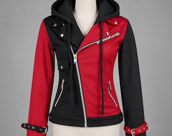 Rot-Schwarze Bikerjacke mit Kapuze | Damen Psycho Asymmetrische Baumwoll-Motorradjacke | Color Block Streetwear Outerwear