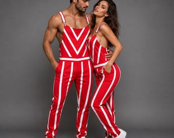 Red White Striped Jumpsuit | Handmade 80s Striped Bib Cosplay Overalls One Piece Romper