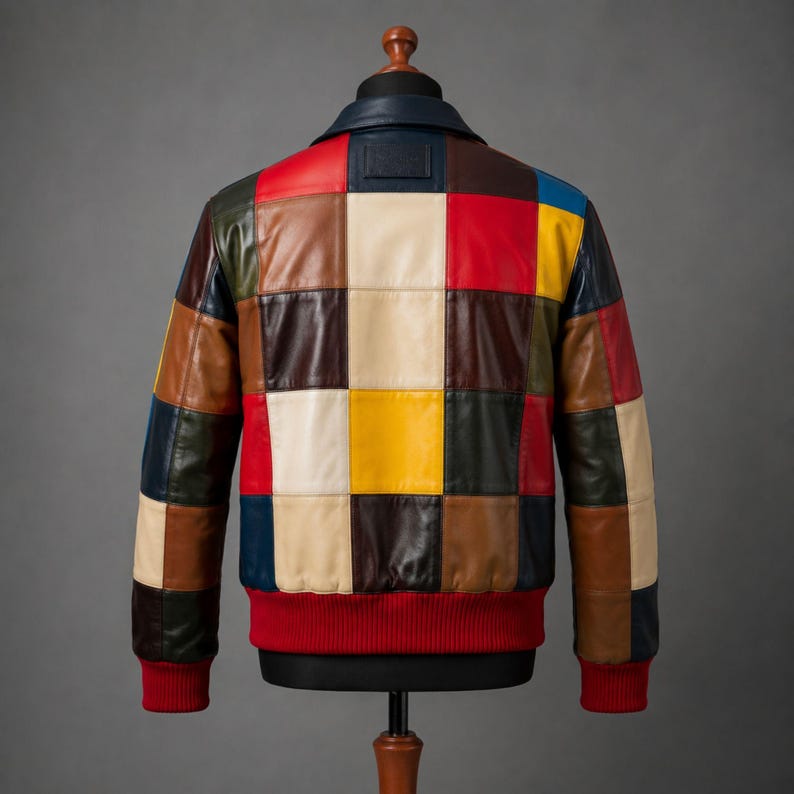 Multicolor Leather Color Block Handmade Patchwork Panel Outerwear