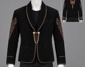 Handgefertigte schwarze Wildlederjacke mit Skorpionmuster | Western-Lederblazer für Herren | Jacke mit besticktem Schalkragen