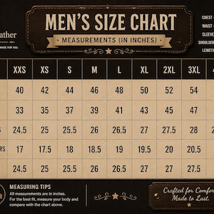 May include: A beige size chart for clothing with black text and grid lines. It displays measurements in inches for chest, waist, sleeves, shoulders, and length across sizes XXS to 5XL. Includes a diagram of a torso and a measuring tape illustration.