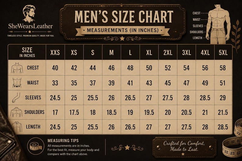 May include: A beige size chart for clothing with black text and grid lines. It displays measurements in inches for chest, waist, sleeves, shoulders, and length across sizes XXS to 5XL. Includes a diagram of a torso and a measuring tape illustration.