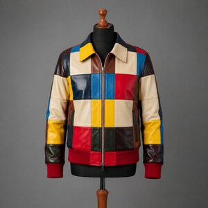 Handmade Colorful Patchwork Leather Jacket Multicolor Panel Bomber