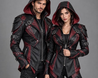 Herren Tactical Techwear Jacke mit Kapuze | Handgefertigte Futuristische Rot-Schwarze Bikerjacke, Slim Fit Gothic-Cosplaykostüm