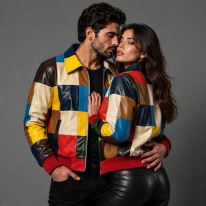 Könnte beinhalten: Eine Lederjacke im Color-Blocking-Stil mit einem Patchwork-Design aus gelben, blauen, roten, braunen und cremefarbenen Feldern. Die Jacke hat einen klassischen Kragen, einen Frontreißverschluss sowie rote gerippte Bündchen an Ärmeln und Saum.