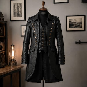 May include: A black long-length coat featuring a structured collar, epaulets, and a double-breasted front with two vertical rows of metallic gold-toned buttons. The coat includes a matching vest underneath, long sleeves with buttoned cuffs, and pockets.