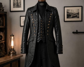 Handgefertigter langer Frack aus schwarzem Leder | Gothic-Viktorianischer Frack für Cosplay