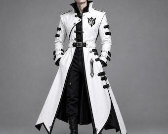 Handgefertigter weißer Ledermantel | Gothic-Steampunk-Mantel für Herren mit schwarzem Besatz, asymmetrischer Schnallenverzierung, Cosplay-Kostüm