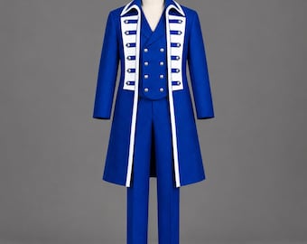 Herren Royalblauer 3-teiliger Regency-Anzug | Royalblauer langer Frockcoat mit Weste & Hose, Steampunk Gotisches Cosplay-Kostüm