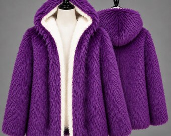 Purple Faux Fur Hooded Cosplay Jacket | Halloween Shaggy Purple & White Winter Fluffy Outerwear