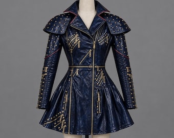 Marineblaue Leder-Frockkleid | Handgefertigtes Nieten-Biker-Cosplay-Jackenkleid
