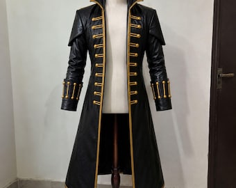 Schwarzer und goldener Gothic-Ledermantel | Handgefertigter langer Trenchcoat | Maßgeschneiderte Lederjacke mit hohem Kragen