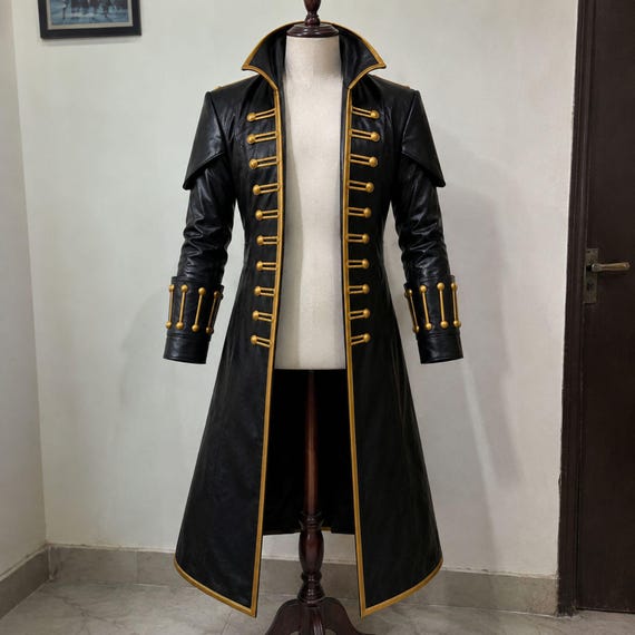 Black Gold Gothic Leather Coat | Handmade Long Trench Jacket | High Collar Tailored Leather Outerwear