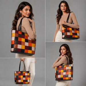 Könnte beinhalten: Eine Tragetasche mit einem mehrfarbigen Patchwork-Design aus quadratischen Feldern in den Farben Orange, Gelb, Rot, Schwarz und Weiß. Die Tasche hat zwei schwarze Schulterriemen und eine rechteckige Form, dargestellt aus verschiedenen Blickwinkeln.