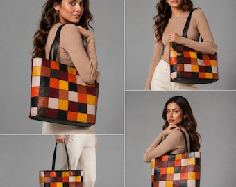 Patchwork Ledertasche | Mehrfarbige Handgefertigte Color-Block-Schultertasche