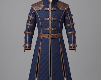 Marineblauer Gesteppter Gambeson-Mantel | Handgefertigte Mittelalterliche Wollmix-Jacke | Renaissance-Oberbekleidung mit Lederbesatz