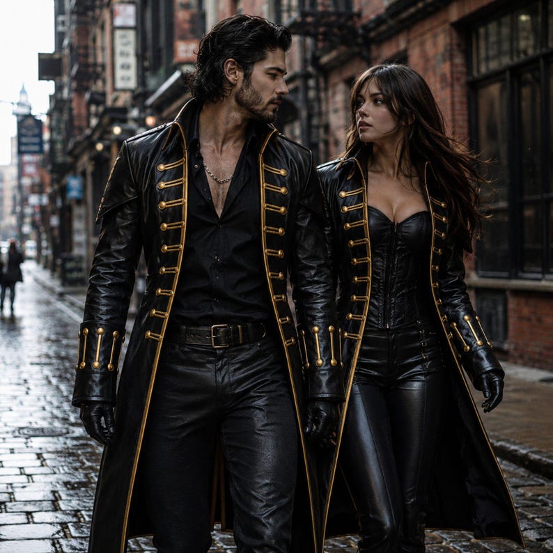Black gothic leather coat high collar long sleeves tailored shape and decorative gold button details