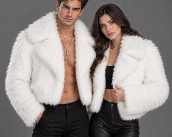 Weißer Cosplay-Mantel aus Kunstfell | Unisex Flauschige Cropped-Kostümjacke | Halloween Party Jacke