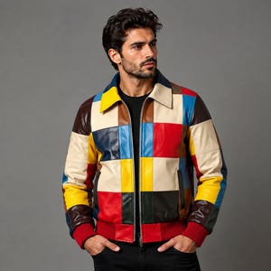 Handmade Color Block Multicolor Leather Bomber Jacket Mens Patchwork Outerwear
