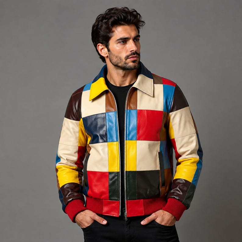 Handmade Color Block Multicolor Leather Bomber Jacket Mens Patchwork Outerwear