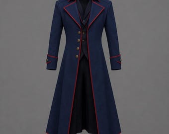 Handgefertigter marineblauer Gothic-Mantel mit roter Paspelierung, viktorianischer Steampunk-Cosplay-Mantel, Zauberer-Halloween-Kostüm