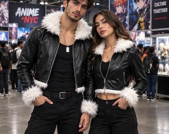 Schwarze Leder-Crop-Jacke mit weißem Fell | Unisex Gothic Aviator Moto Short Cosplay Oberbekleidung