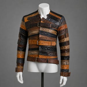 May include: A long-sleeve jacket constructed from horizontal strips of leather in shades of black, dark brown, and tan. The garment features a collarless neckline and is secured at the front with three adjustable leather straps and metal buckles.
