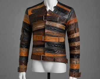 Patchwork Leder-Bikerjacke | Mehrfarbige Handgefertigte Motorradjacke mit Gürtel