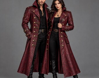 Handgefertigter Bordeaux Gothic Piratenmantel | Langer Steampunk Ledermantel | Viktorianischer Stil