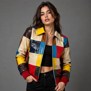 Multicolor Patchwork Leather Bomber Jacket Handmade Color Block Outerwear