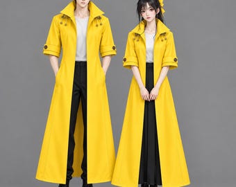 Trench-coat en cuir jaune pour cosplay, manteau long unisexe futuriste à manches courtes et col montant, costume de cosplay