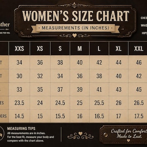 May include: A size chart for clothing with the text WOMEN'S SIZE CHART, MEASUREMENTS (IN INCHES), and SheWearsLeather. The table lists sizes from XXS to XXXL with corresponding measurements in inches for chest, waist, hips, sleeves, and shoulders.