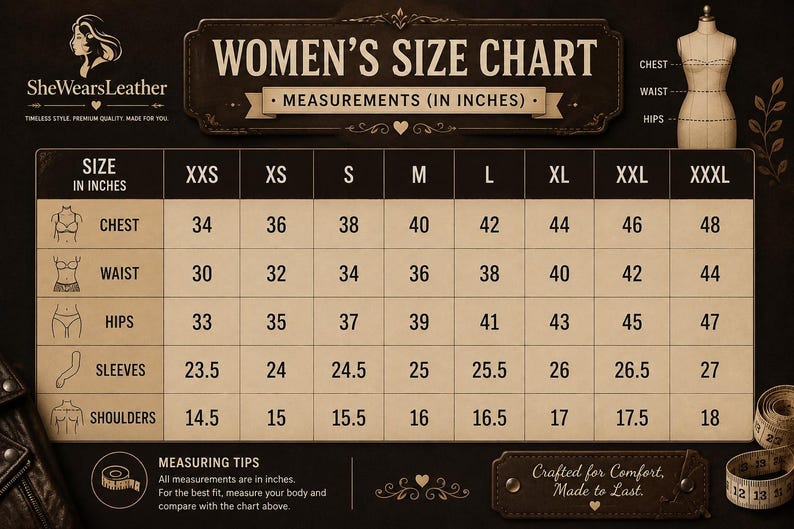 May include: A size chart for clothing with the text WOMEN'S SIZE CHART, MEASUREMENTS (IN INCHES), and SheWearsLeather. The table lists sizes from XXS to XXXL with corresponding measurements in inches for chest, waist, hips, sleeves, and shoulders.