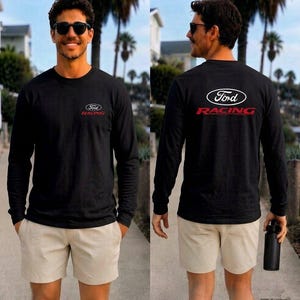 May include: A black long-sleeve shirt featuring the white Ford logo and red Racing text on the front left chest and a larger version of the same Ford Racing logo printed across the back. The shirt is paired with light beige shorts.
