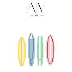 May include: A needlepoint pattern titled Surf's Up featuring four pixelated surfboards in yellow, blue, green, and pink. The design includes the text AM ANGIE MAE STUDIO at the top and Surf's Up, Needlepoint Pattern, Instant PDF Download, 78 x 78 Stitches.